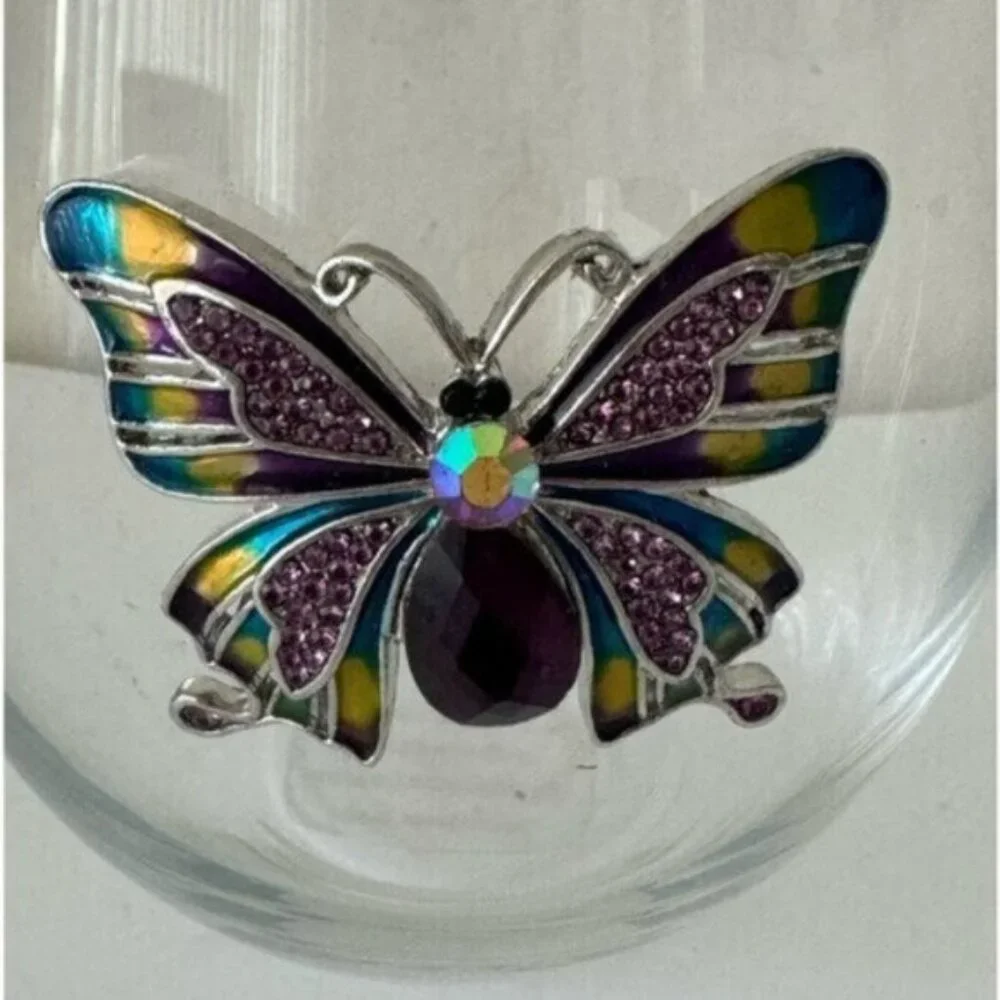 RACHEL ZOE 2 pc Jewel stemless wine glasses W gem and rhinestone butterfly